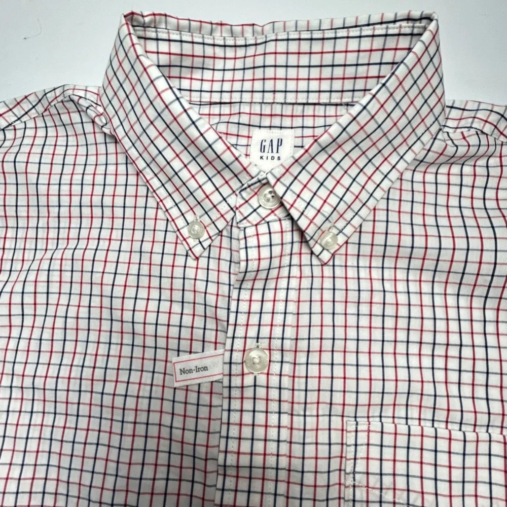 GAP Kids‎ XXL 14-16 White Red Blue Plaid Non-Iron Long Sleeve Button Down Shirt